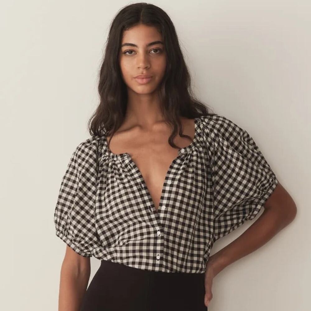 NWT Doen June Cotton Voile Scoop Neck Button Blouse Top Noir Greta Gingham